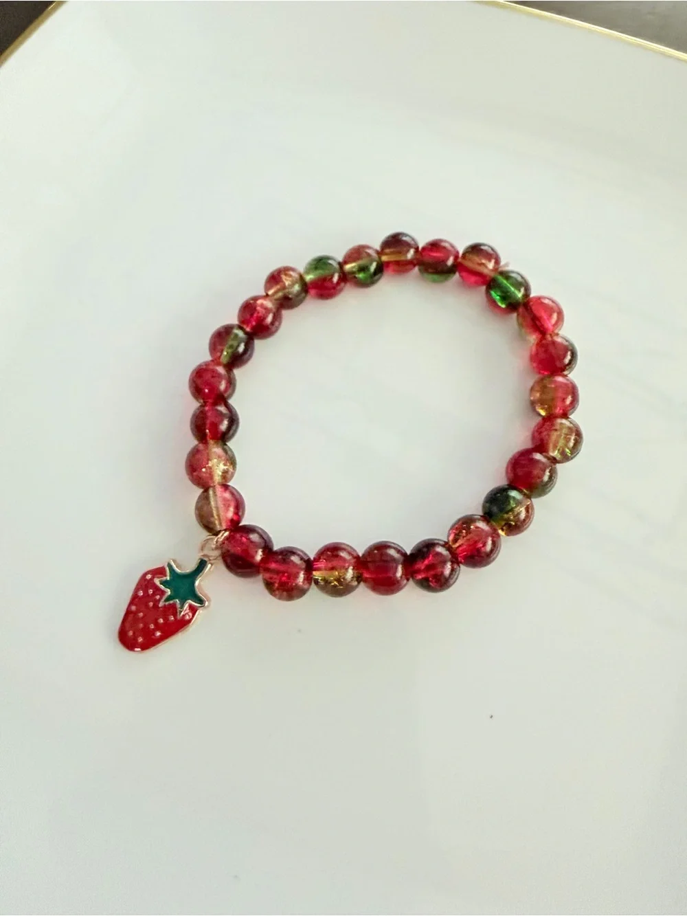 Red Beaded Stretch Bracelet with Strawberry Charm